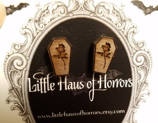 Mini Wood Rose Coffin Stud Earrings