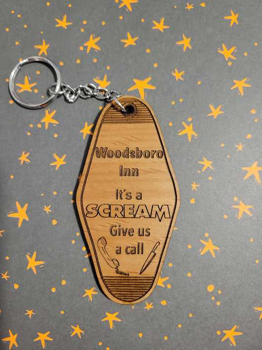 Woodsboro Inn Scream Wood Keychain
